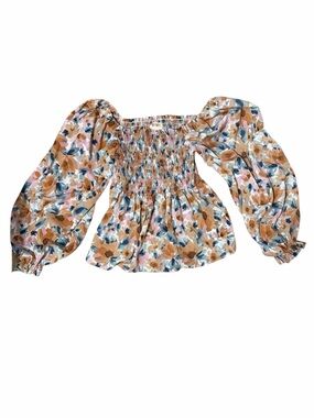BiBi Floral Puff-Sleeve Smocked Peasant Top - Tan/Blue